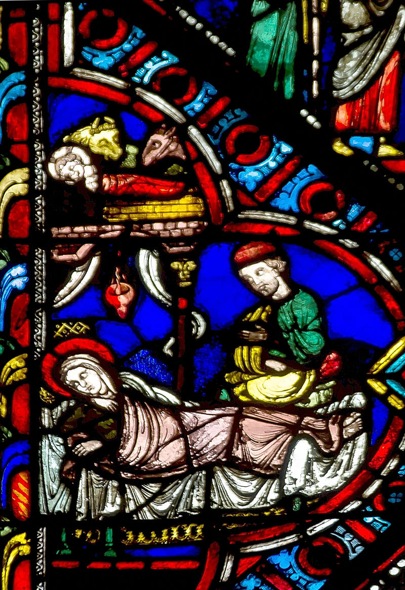La Nativité vitail de la chapelle de la Vierge (13e s.)